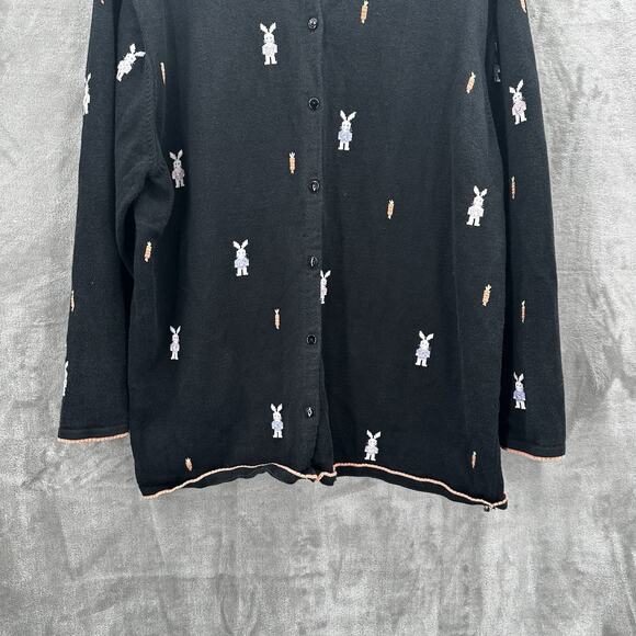Vintage Quacker Factory Easter Sweater Womens 1X Black Bunny Embroidered Ramie - Picture 2 of 12